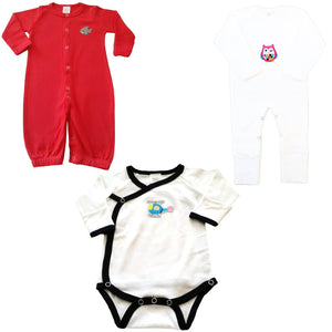 3 Piece Infant Bundle Set - Red Night Gown, Owl Jumpsuit & Onesie - Snug Bub USA